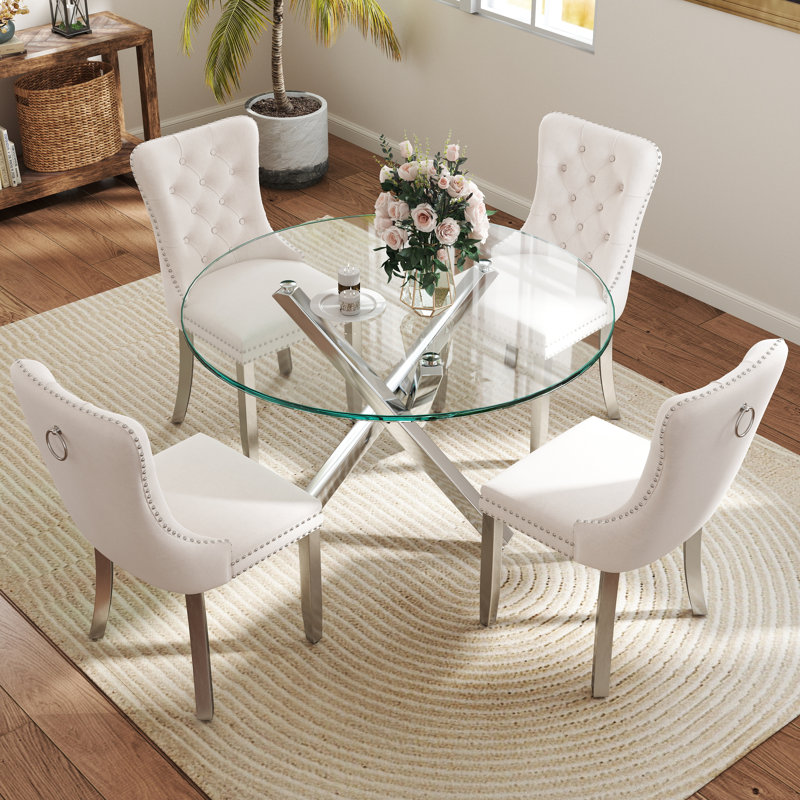 5-Piece Round Glass Dining Table Set, 29.5"H x 39"L x 39"W, Beige/Silver, Silver