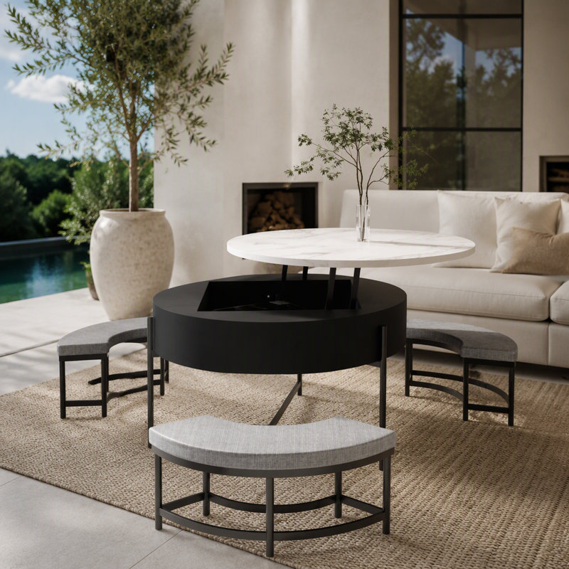 Table basse à plateau relevable moderne avec rangement et 3 repose-pieds blanc et noir