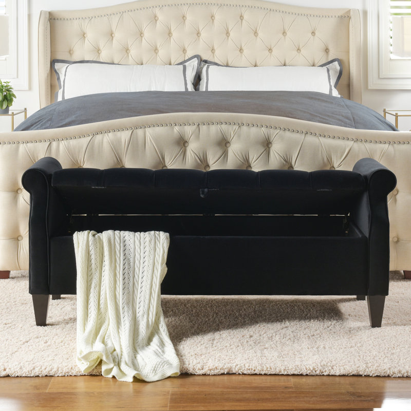 Banc de rangement à couvercle rabattable Maconay, Velours noir anthracite