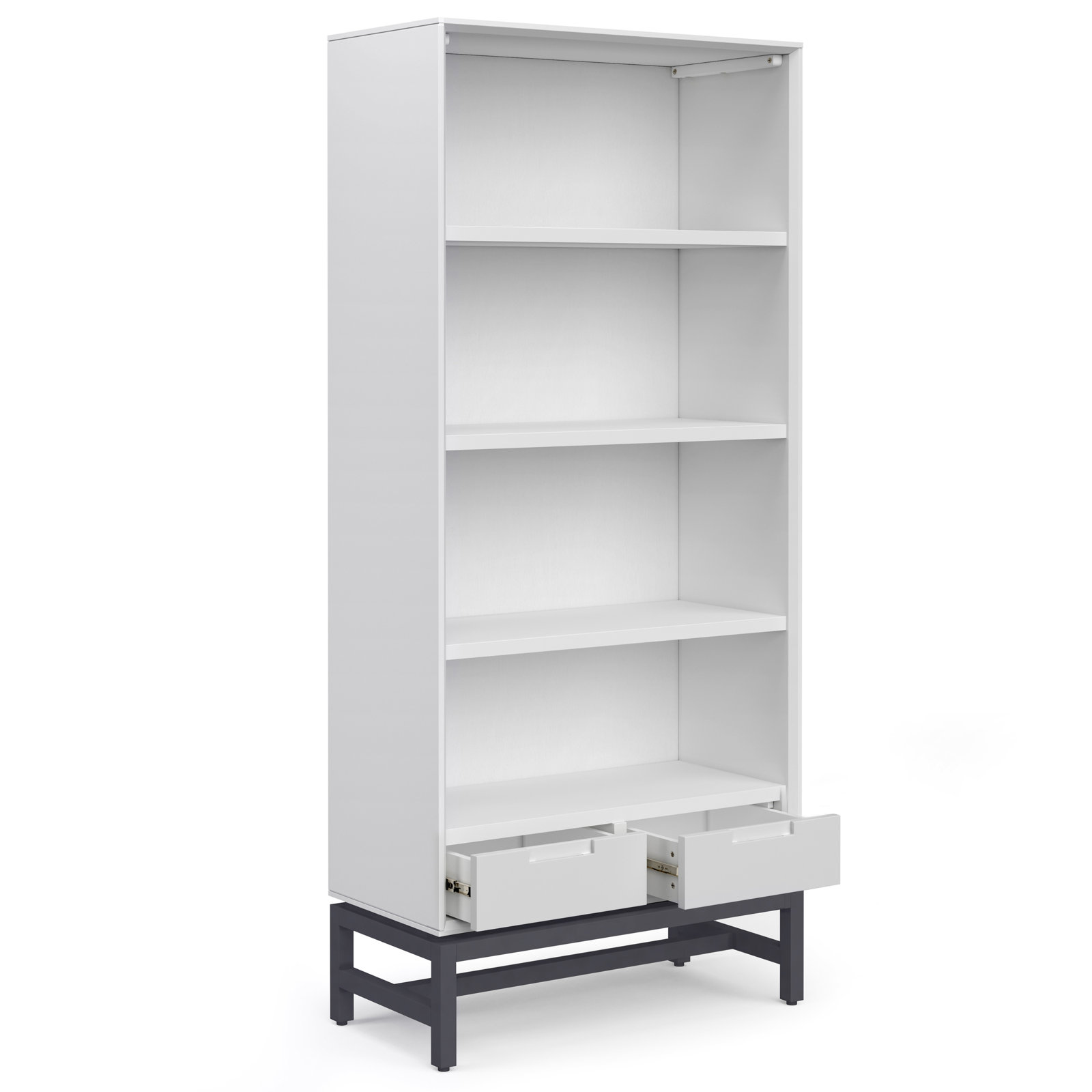 Banting 30"W Solid Wood 4 Shelf Industrial Bookcase with 2 Drawers, Adjustable Shelves, and Metal Base, White/Black