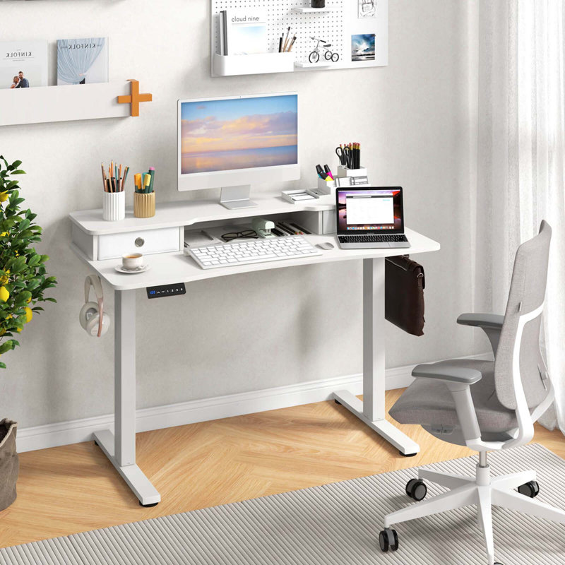 48"x 24" Electric Standing Desk With 2 Drawers Monitor Stand Storage Shelf White