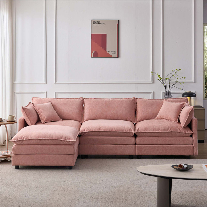 Canapé modulaire de 105 po en tissu de chenille rembourré de 105 po avec canapé à 3 places et repose-pieds, Chenille rose