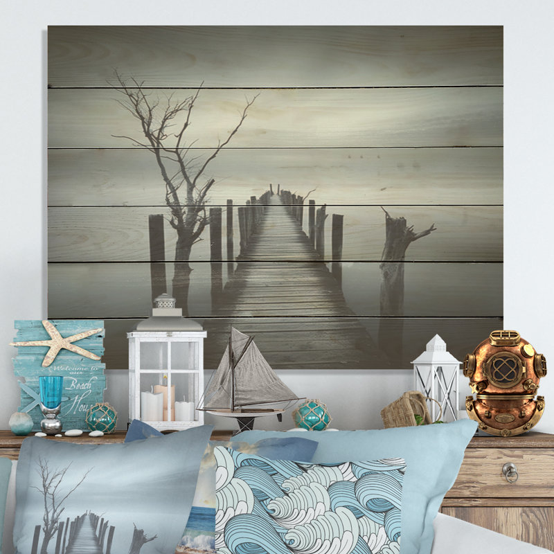 Horizon de jetée monochrome noir et gris - jetée côtière, art mural sur bois de pin naturel, H 30 po x l 40 po