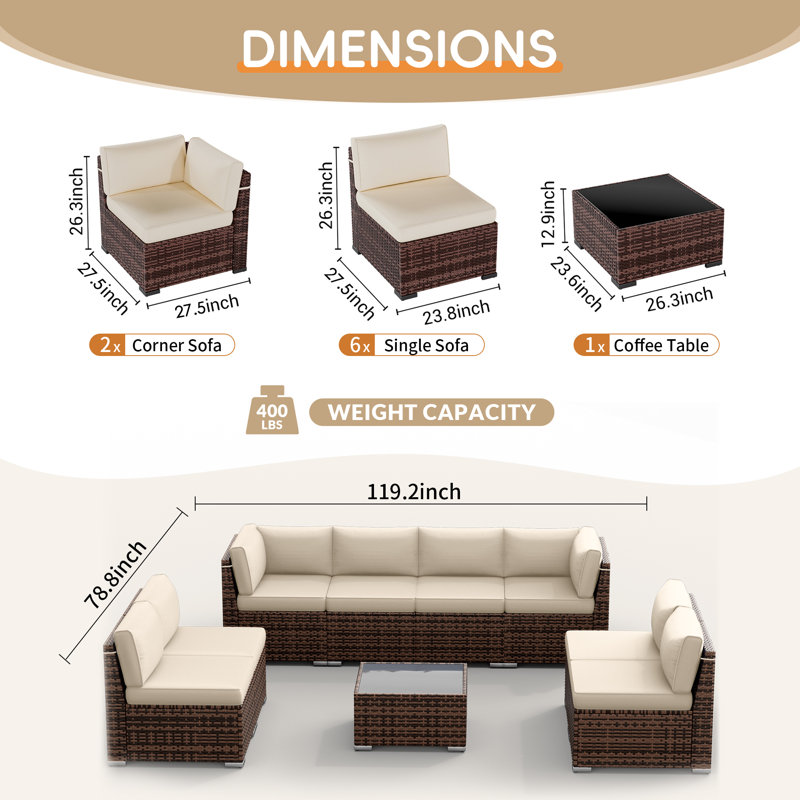 Avamay Rattan Sectional Seating Group with Cushions, Cream Performance Microfiber, No