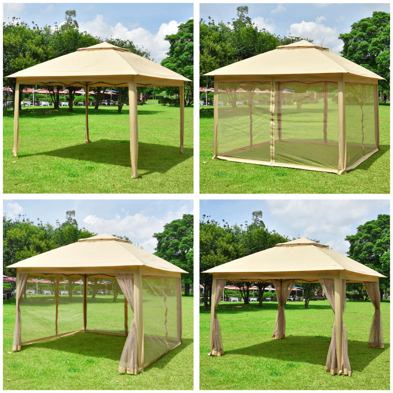 11x11ft Beige Pop-Up Gazebo Tent with Mesh Sidewalls