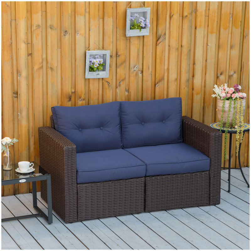 Outsunny 2 Piece Patio Wicker Corner Sofa Set, Outdoor PE Rattan Furniture, with Curved Armrests and Padded Cushions for Balcony, Garden, or Lawn, Lawn, Dark Blue
