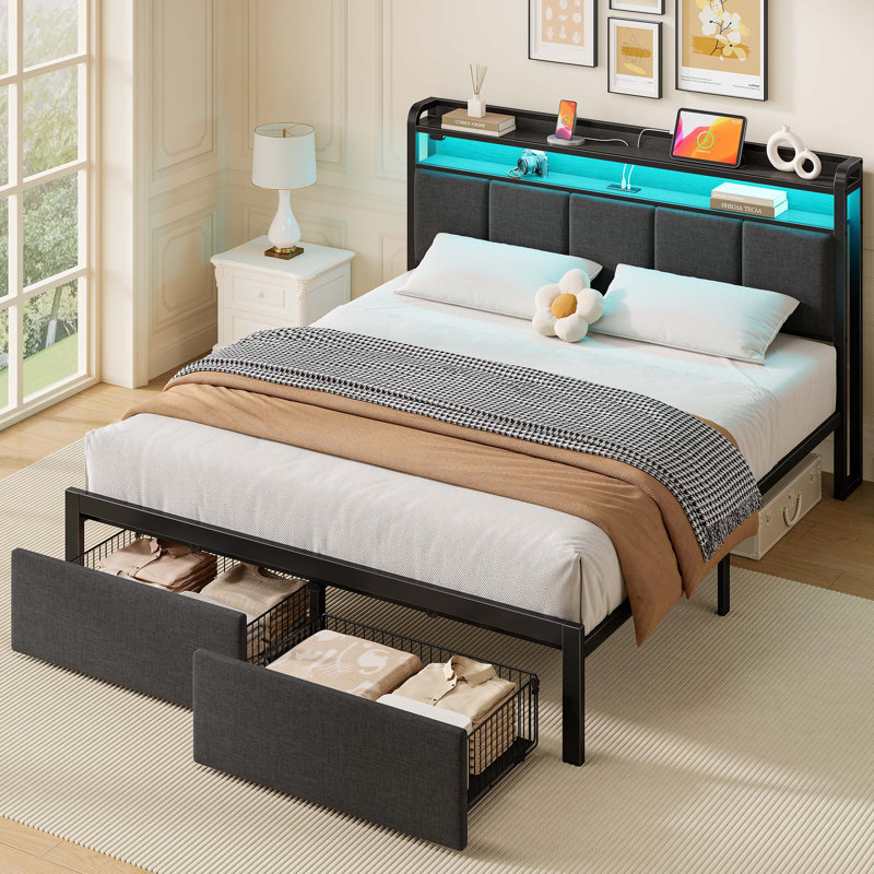 Modern Upholstered Platform Bed with Storage, Headboard, USB Charging Station & LED Lights, Full, Gray, With Drawer