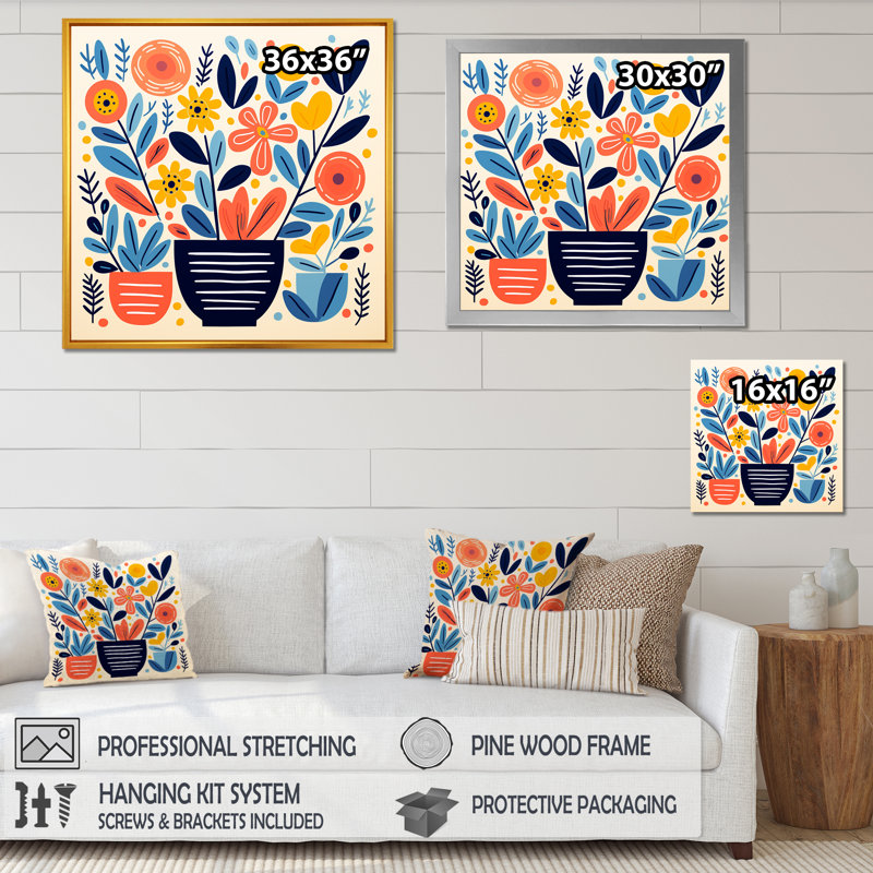Vase bohémien jaune et bleu, poterie en fleurs I - Boho Pottery, art mural sur toile, Cadre flottant brun, 36" H x 36" W