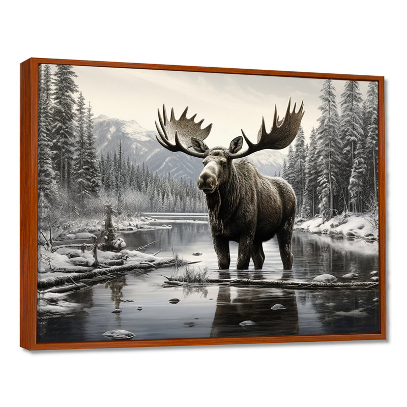 Orignal brun et blanc Winter Majesty - art mural orignal pour le salon, H 12 po x l 20 po, Reproduction avec cadre flottant