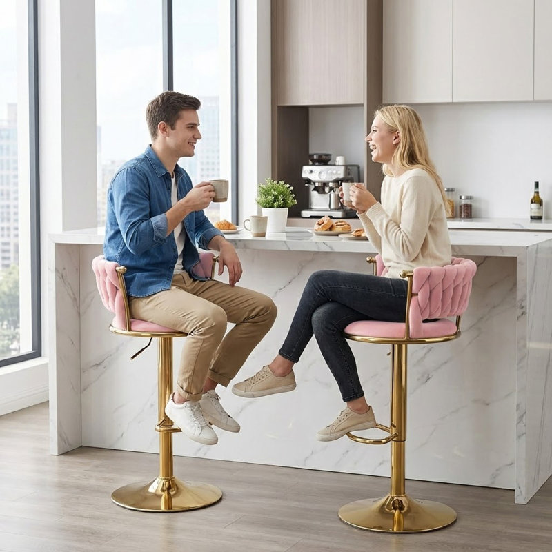 Pink Velvet Swivel Bar Stool Set of 4, Modern Adjustable Height Barstools with Golden Metal Base for Kitchen Island, 4, Pink