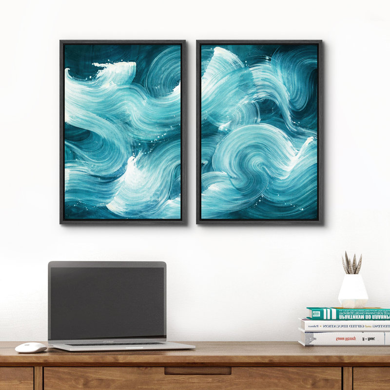 «Abstract Blue Ocean Wave Motion Art», reproduction d'art sur toile encadrée, 2 pièces, H 36 po x l 24 po x P 1,5 po, Noir