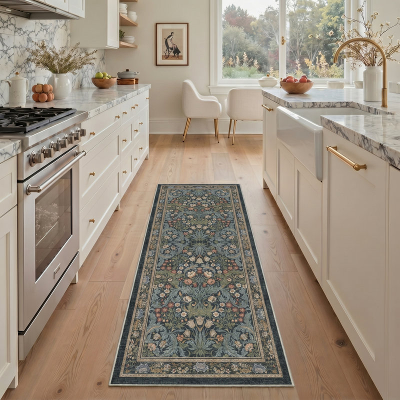 Aubepine Machine Washable Non-Slip William Morris Style Blue / Green / Beige / Red Indoor Botanical Floral Area Rug