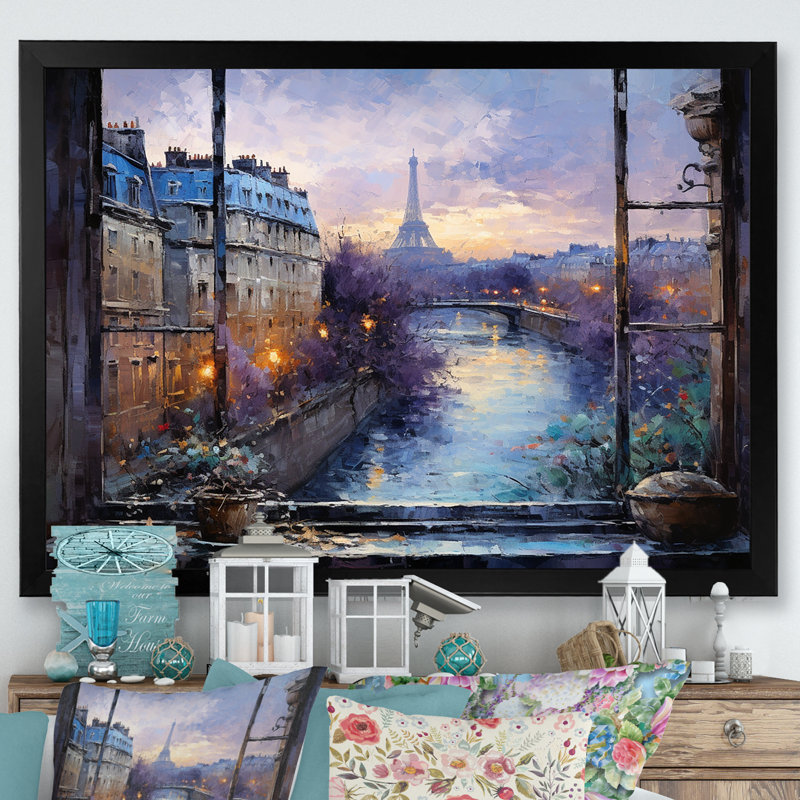 Vue de la fenêtre de Paris au coucher du soleil - Art mural Paris, Cadre d'angle fermé noir, H 12 po x l 20 po x P 1 po