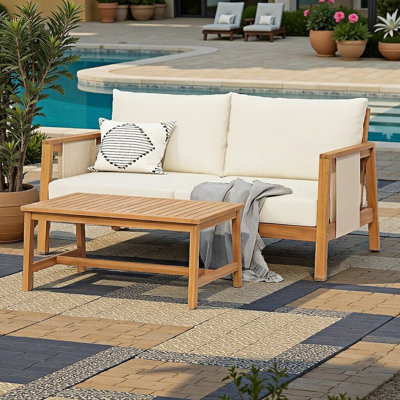Ensemble de causeuse et de table basse d'extérieur 2 pièces, meubles de patio en bois d'acacia massif avec accents en textilène, coussins hydrofuges pour terrasse, ensemble de conversation toutes saisons