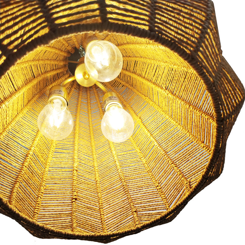 Rustic Twisted Rope Pendant Light with Gold Chain – Handcrafted Boho Hanging Ceiling Fixture for Dining Room, Living Room, Bedroom, or Kitchen – Natural Rattan Woven Rope Design, E26 Bulb Compatible (16"/24")