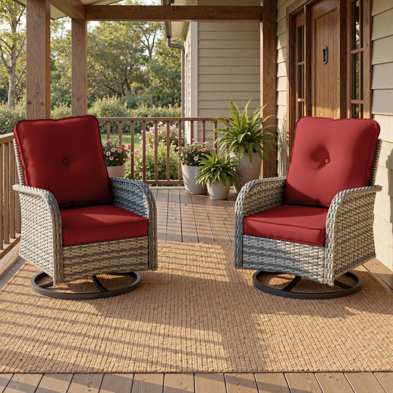All-Weather Rattan Rocking Swivel Patio Chairs With Cushions, Red