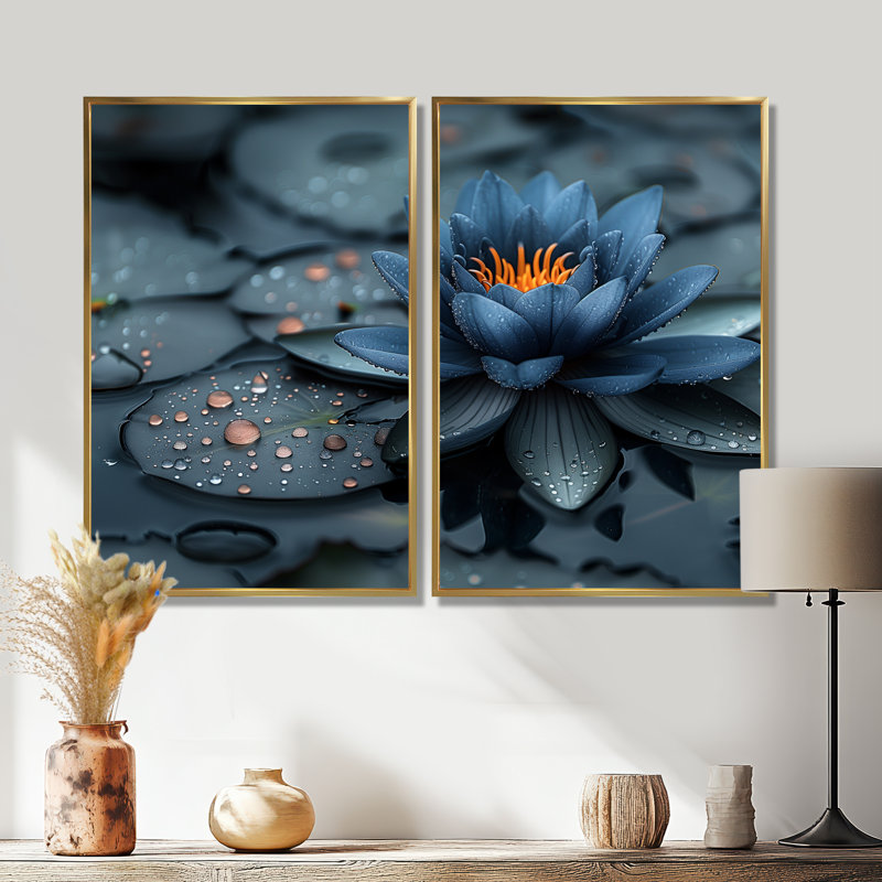 Étang de lotus bleu bleu rayonnant I - art mural moderne bleu 2 pièces, 36" H x 48" W, Impression encadrée flottante, Gold
