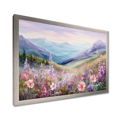 «Pink Seasonal Flowers Field In Mountain», art mural sur toile
