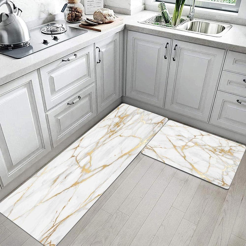 Ensemble de tapis de cuisine doré et blanc - 2 pièces, rembourré anti-fatigue, PVC marbré, antidérapant, imperméable, confort debout, cuisine / bureau / buanderie / évier