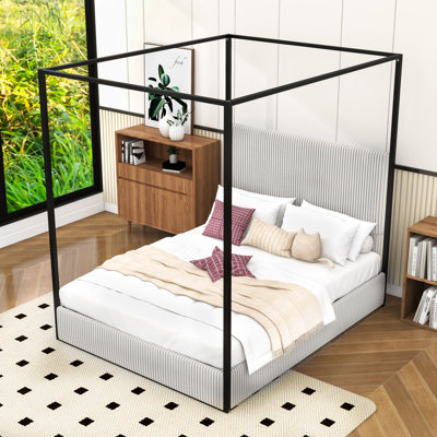 Metal Upholstered Canopy Platform Bed with Headboard
