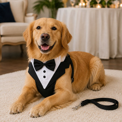 Formal Tuxedo Vest Dog Harness and Leash Set with Bow Tie