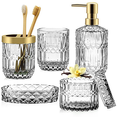 5PCS Glass Bathroom Accessories Sets, Vintage Gift, Includes Soap Dispenser, Soap Dish, Toothbrush Holder, Tumbler and Jar, Bathroom Organizer, Stylish Modern Bathroom Decor
