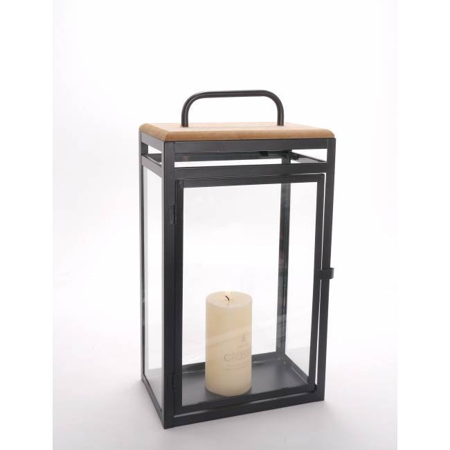 Rectangular Black Metal, Wood And Glass Lantern, 19" H x 6.5" W x 10.5" D