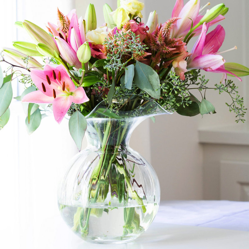 Vase de table en verre Hibiscus, Hauteur totale - 12 po, Transparent