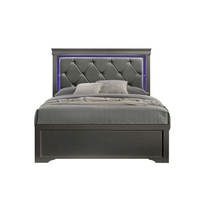Lit double rembourré de style moderne Blaze avec tête de lit à DEL et bois