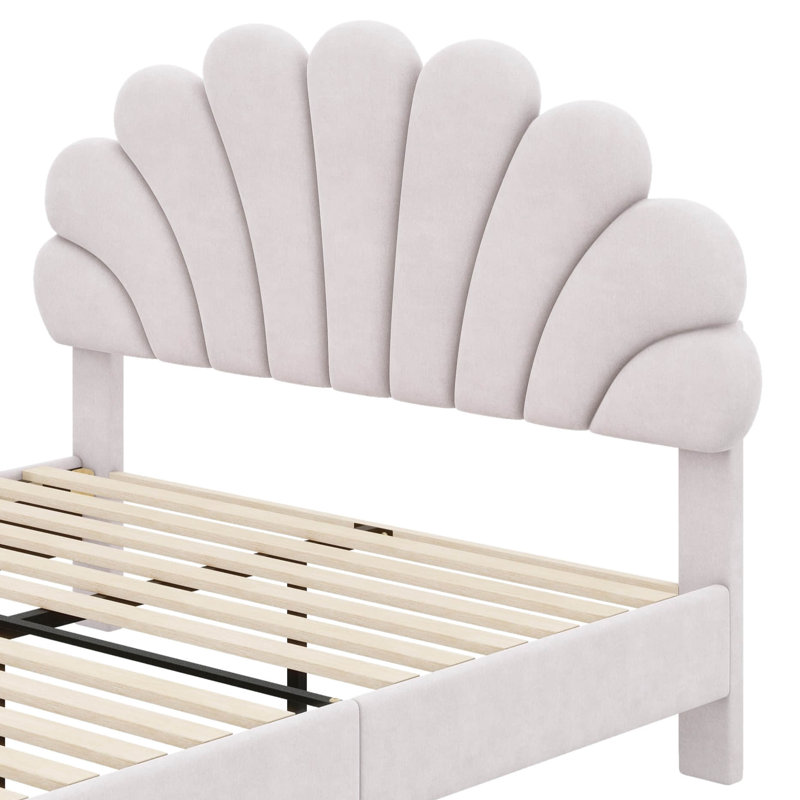 Structure de lit plateforme en bois pour grand lit avec tête de lit à motif de fleurs, Bean Paste Red, Queen