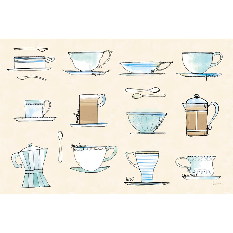 Good Brew Coffee Cups by Sue Schlabach - Painting Print, 81cm H x 122cm W, Black Floater Framed