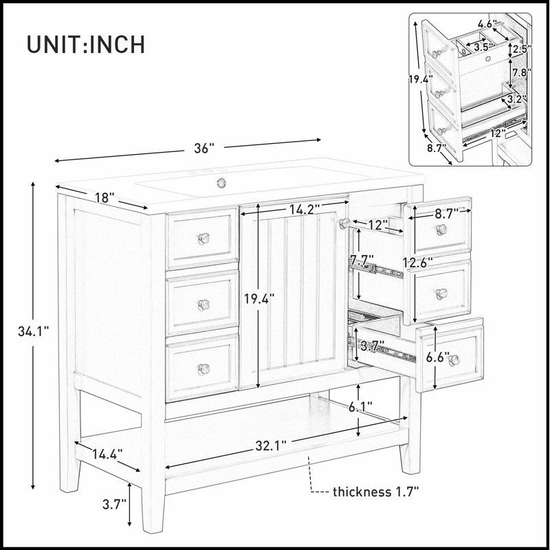 Meuble-lavabo en bois massif et panneau de fibres à densité moyenne de 36 pouces avec lavabo, armoire et tiroirs pour un rangement durable et élégant