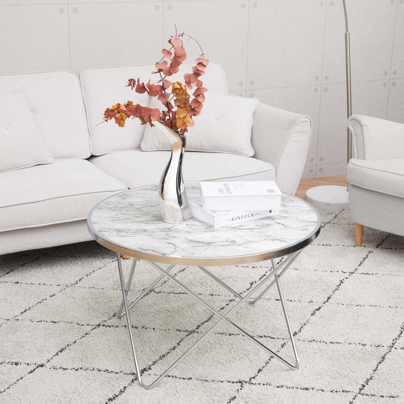32" Modern Round Marble Effect Coffee Table with Geometric Metal Base, Small Living Room Accent Table