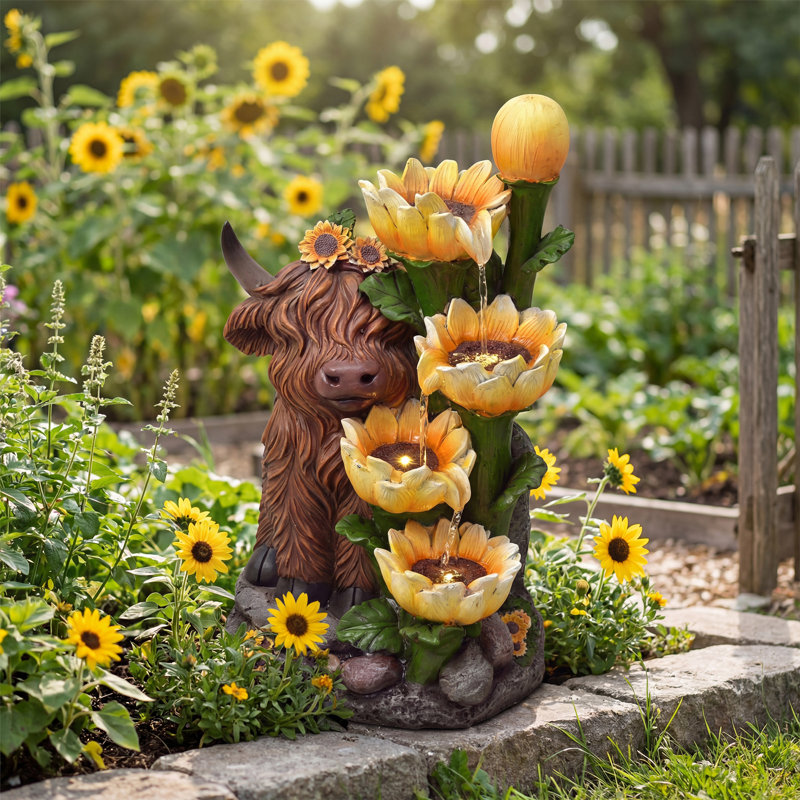 Fontaine de jardin rustique vache et tulipe - H 23,62 po avec lumière DEL