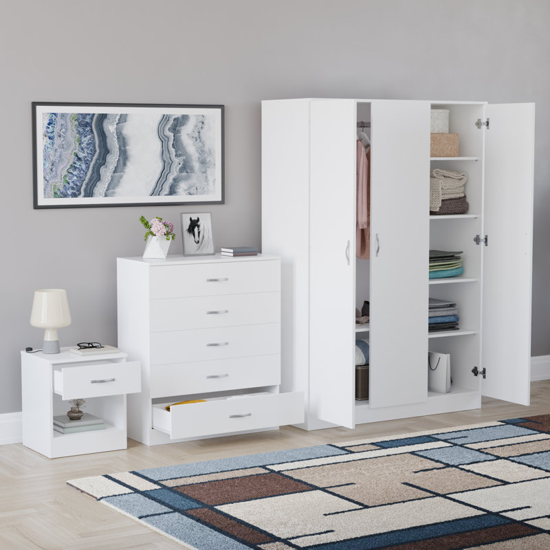 Maybery 3 Piece Bedroom Set (1 Drawer Bedside Chest, 5 Drawer Chest, 3 Door Wardrobe), (5), White