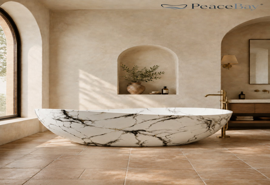PeaceBay marble freestanding soaking bathtub in a serene Mediterranean-style bathroom with arched architectural features, terracotta floor tiles, and gold fixtures.