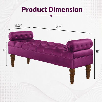 Banc de lit long en velours pour chambre à coucher, banc de fenêtre rembourré avec bouton touffeté, banc de vestibule, banc de traversin pour le salon - violet