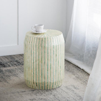 14x14x18" Cream and Green Cylinder Accent Stool with Striped Pattern