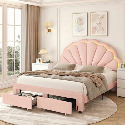 Ensemble de chambre à coucher 3 pièces, lit moderne tapissier à DEL avec tiroir et tables de chevet blanches à 3 niveaux