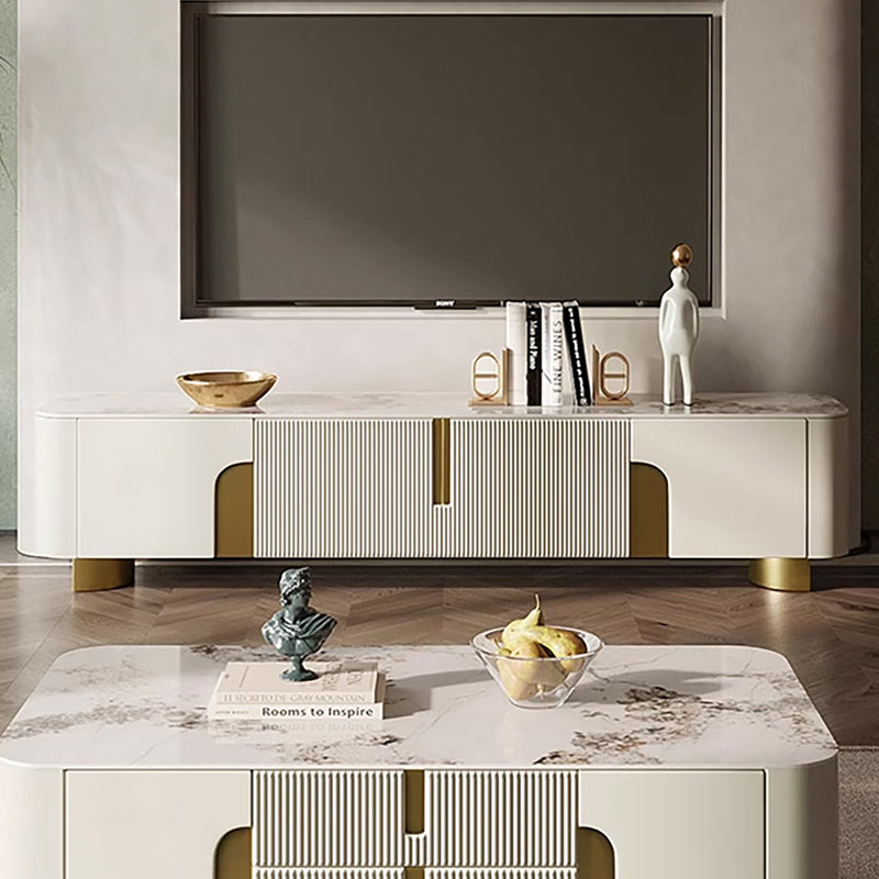 Console multimédia 78,7 po avec 3 armoires, couleur blanche, plateau de table en pierre frittée, non assemblé