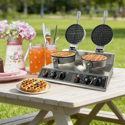 Double Head Commercial Waffle Maker, 2400W Stainless Steel Nonstick Waffle Iron with 122℉ to 572℉ Temp Range & Time Control, Perfect for Home Cafe Restaurant Snack Bar Bakeries