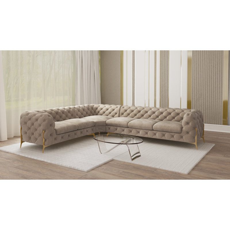 L-shape Corner Chesterfield Sofa  with Gold Metal Legs, Dark Cream, Right Hand Facing