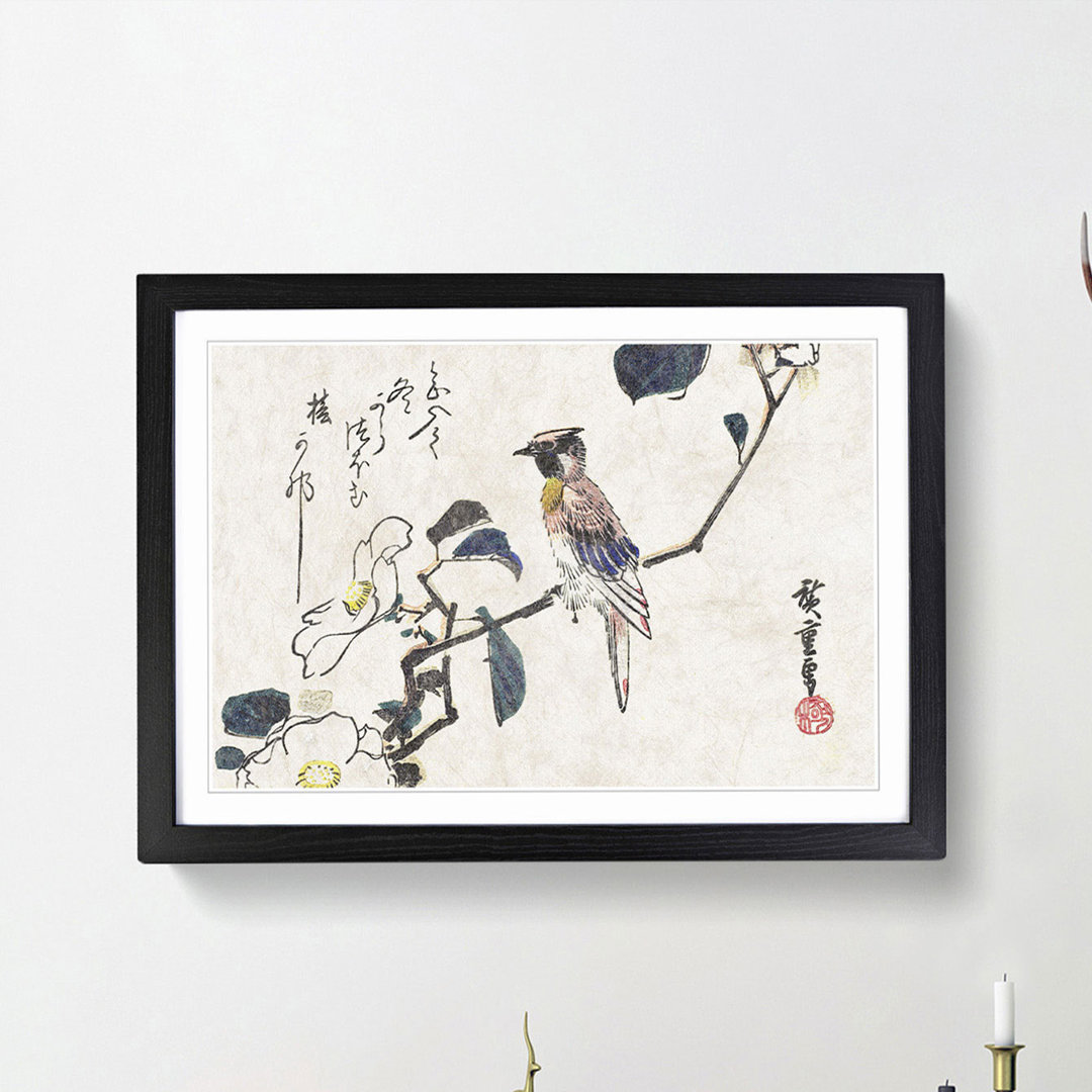 Oriole Bird on a Camellia Branch by Utagawa Hiroshige - Framed Print
