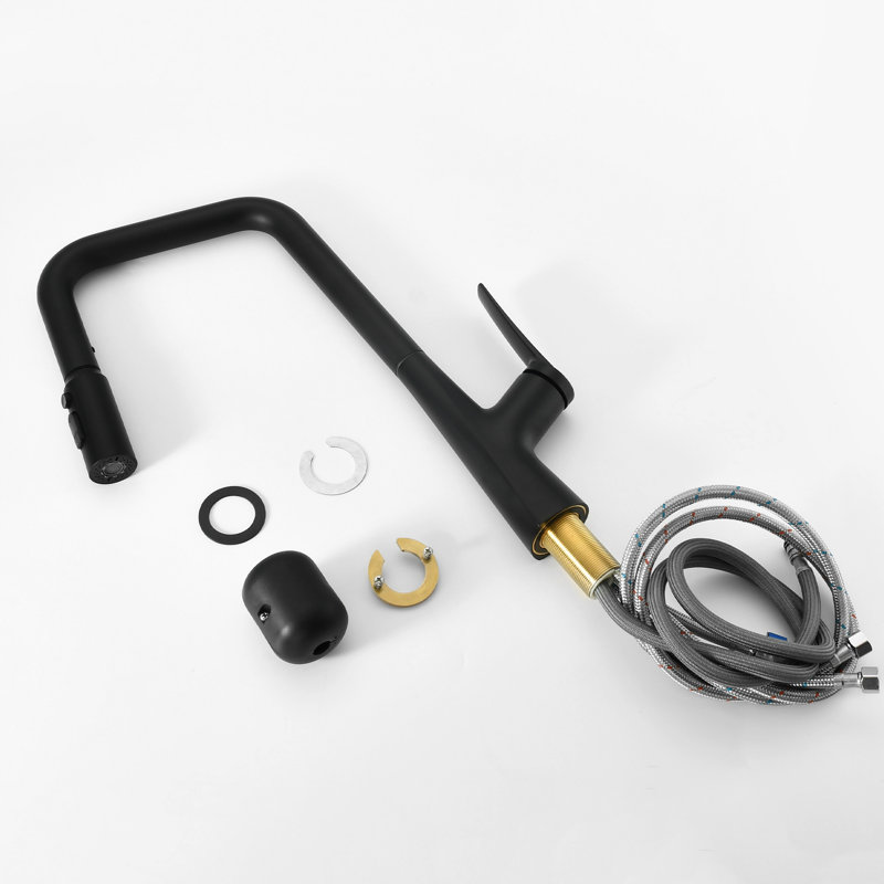 Robinet de cuisine monotrou, noir, mat, 3 fonctions, 360 °, interrupteur à une touche, 8,42 po Profondeur du produit, débit maximal de 1,8 gallon par minute, tuyau rétractable de 23,6 po, modes d'eau, levier rétractable
