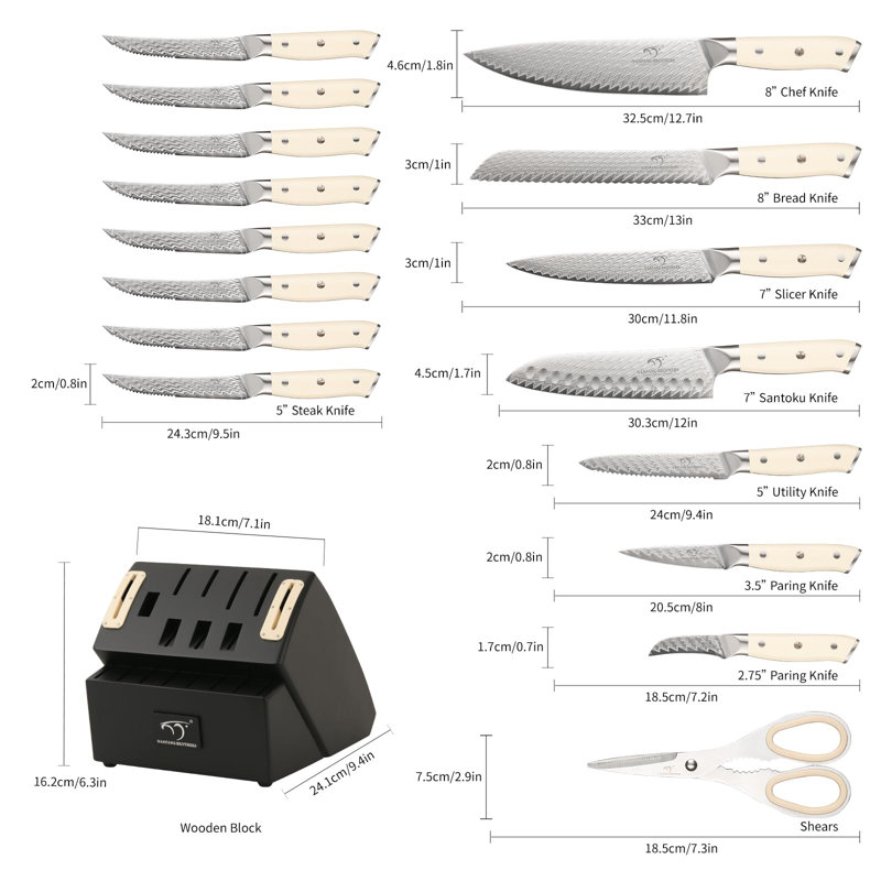Ensemble de couteaux pour cuisine avec bloc, ensemble de couteaux de cuisine avec bloc Damas, poignée ergonomique en ABS pour ensemble de couteaux de chef et ciseau de cuisine (noir)