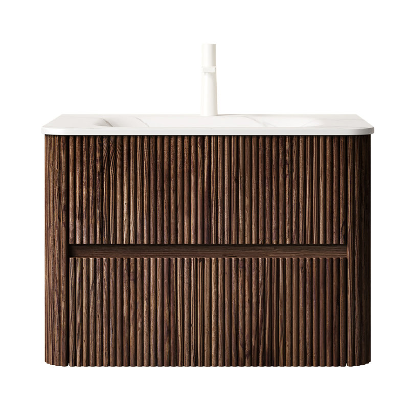 Armoire de meuble-lavabo flottant flottant en pierre frittée blanche à 2 tiroirs 30 po style scandinave rétro rayé noyer