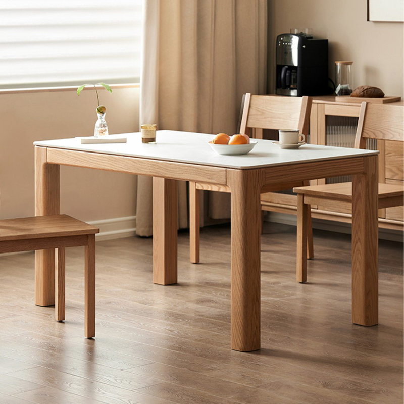 White Rectangular Stone with oak Dining Table For Dining Room/Kitchen, 29.53” H x 62.99” L x 33.46” W
