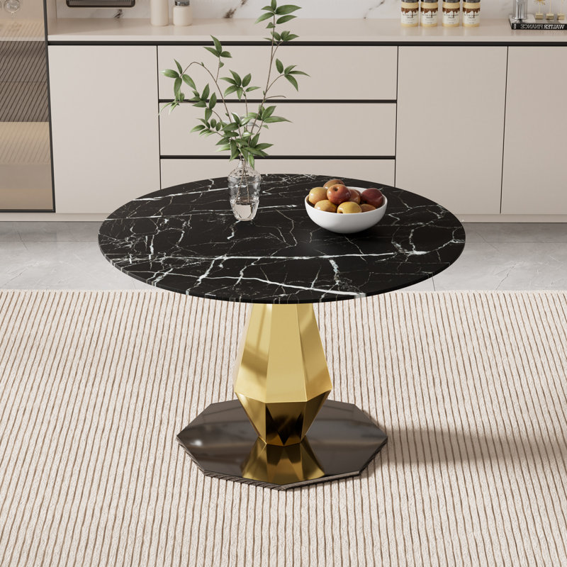 Table de salle à manger ronde en verre trempé avec texture Marbel, H 29,5 po x L 39 po x l 39 po, Noir, Or/noir