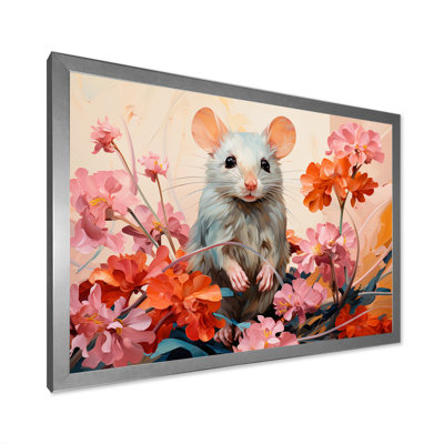 Pink Curious Rat Blooms II - Mouse Animal Wall Art