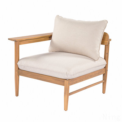 Outdoor Acacia Wood Left Armrest Sofa, Light Teak Finish With Beige Cushion